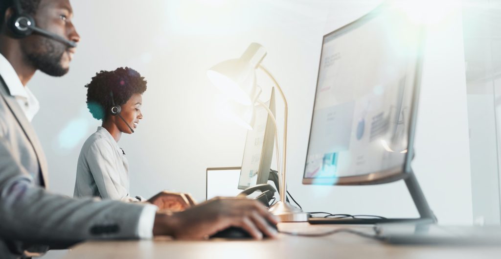 Customer support team, communication and computer consultant on telecom microphone, CRM software or